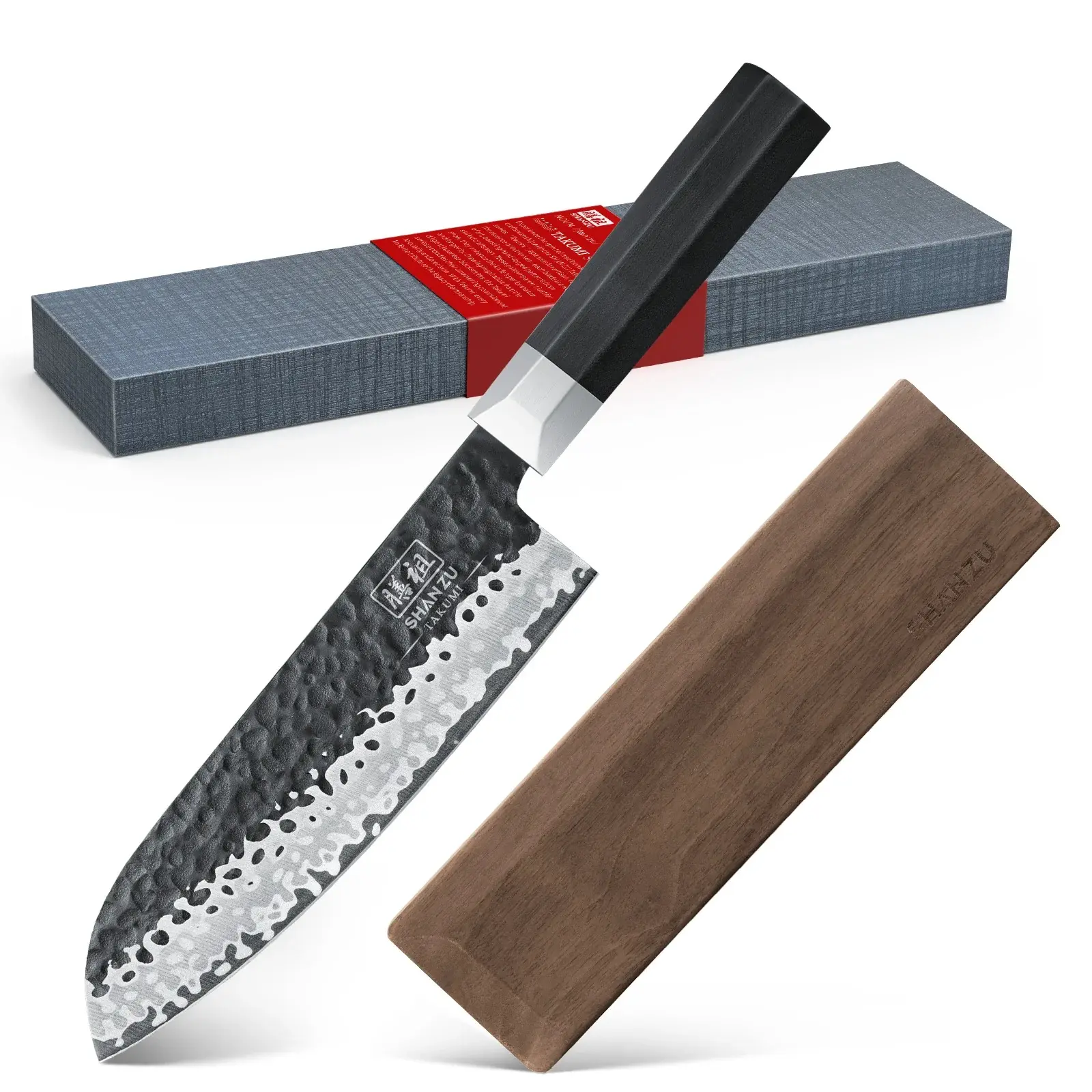 SHAN ZU TAKUMI Carbon Steel Kitchen Knives - Japanese Gyuto Santoku Style with Concave Steel Blade and Magnetic Sheath, Concave Blade sohochic