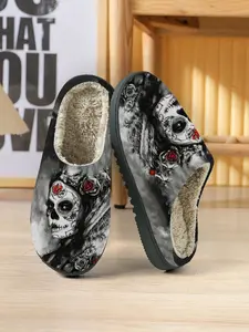 Mysterious Dark Style Halloween Skull Rose Home Shoes, Unisex Soft Skin-Friendly Comfort Indoor Warm Shoes, All Seasons Textile Sneakers