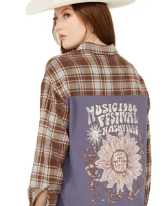 Cleo + Wolf Women's Mixed Media Plaid Print Button-Down Graphic Flannel Shirt - Clsp24w84-Ind