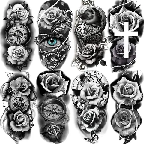 Rose & Cross Pattern Temporary Tattoo Sticker,8 Sheets/set Half Arm Sleeve Tattoo Temporary Tattoo Sticker,Body Art Sticker Fake Tattoo for Women & Men,Realistic Tattoos for Men,Gifts for Girlfriend,Christmas Gift