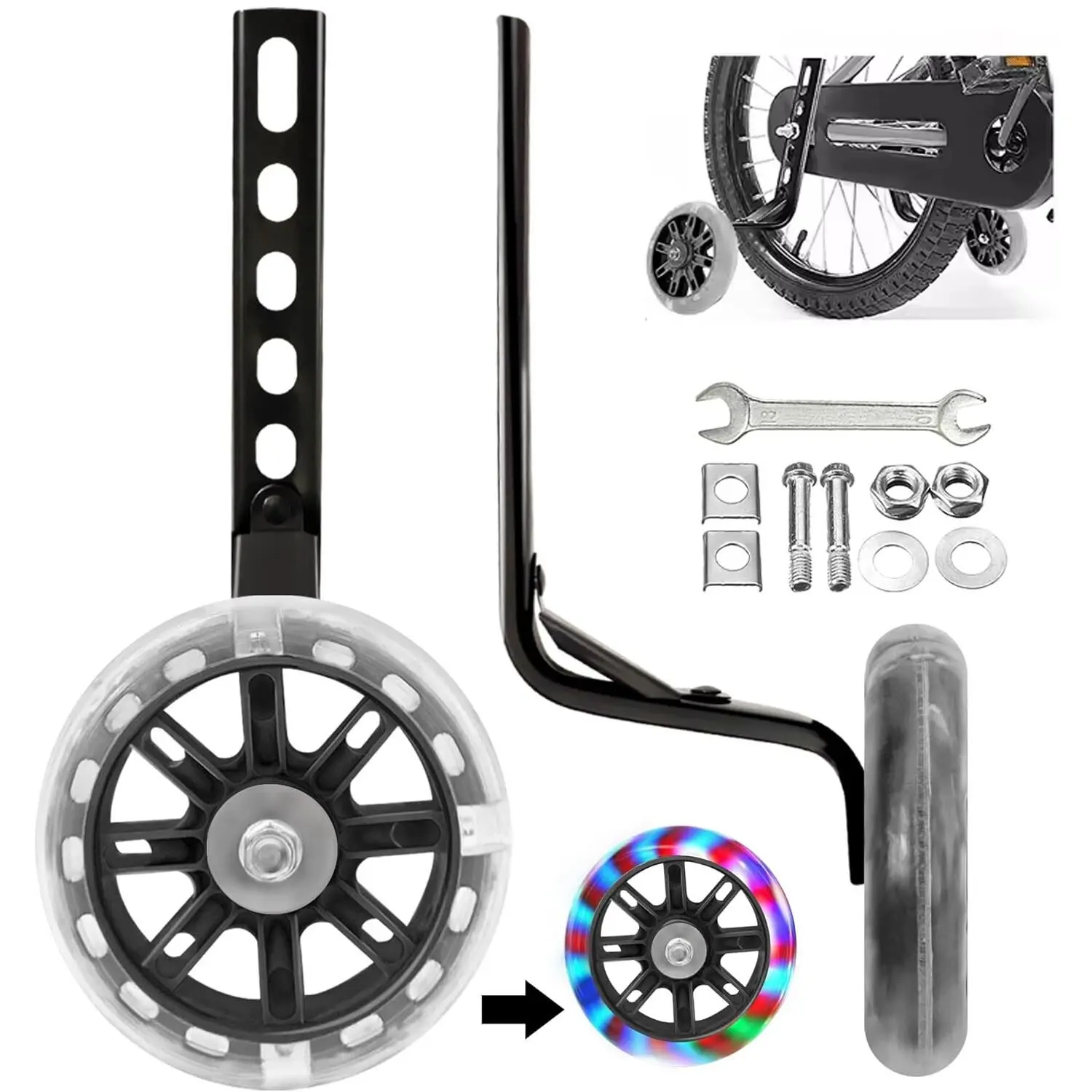 Bike Training Wheels Mute Flash Wheels with Adjustable Bicycle Stabilizer Mounted Kit Compatible for 12 14 16 18 20 inch Single Speed Bike1Pair