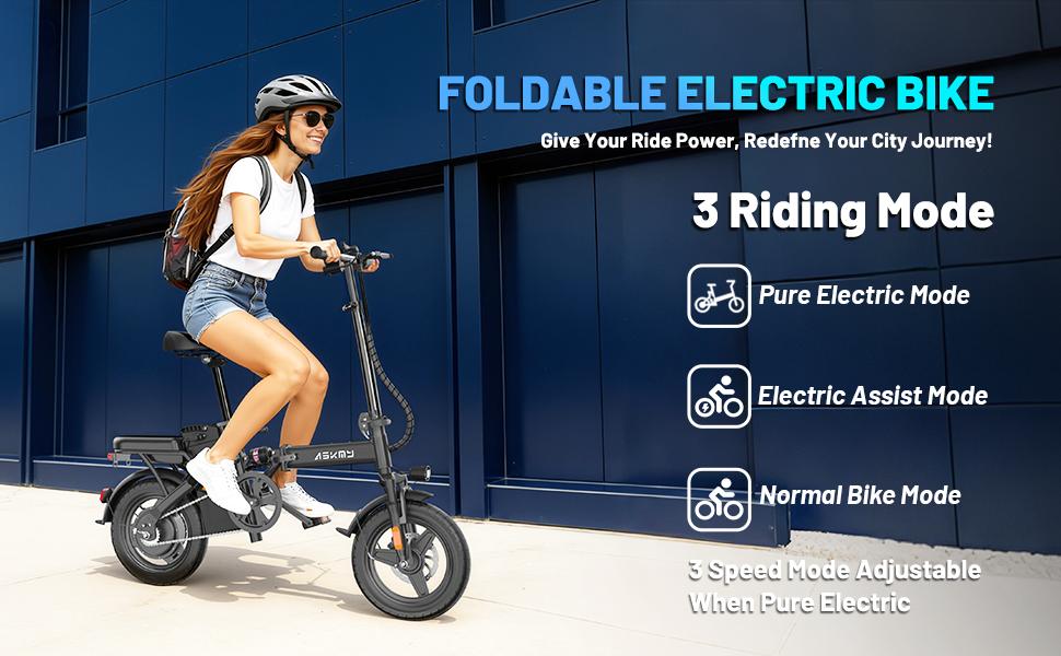 ASKMY E14 Compact Folding Electric Bike, 1000W Powerful Motor, 45 Mile Long Range | 14" Tubeless Fat Tires, Dual Disc Braking System | UL Certified Battery, Lightweight Urban Commuter E-Bike