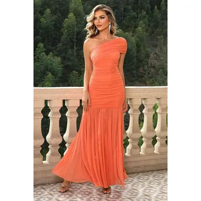 Pretty Little Thing Slinky Bardot One Shoulder Ruched Maxi Dress