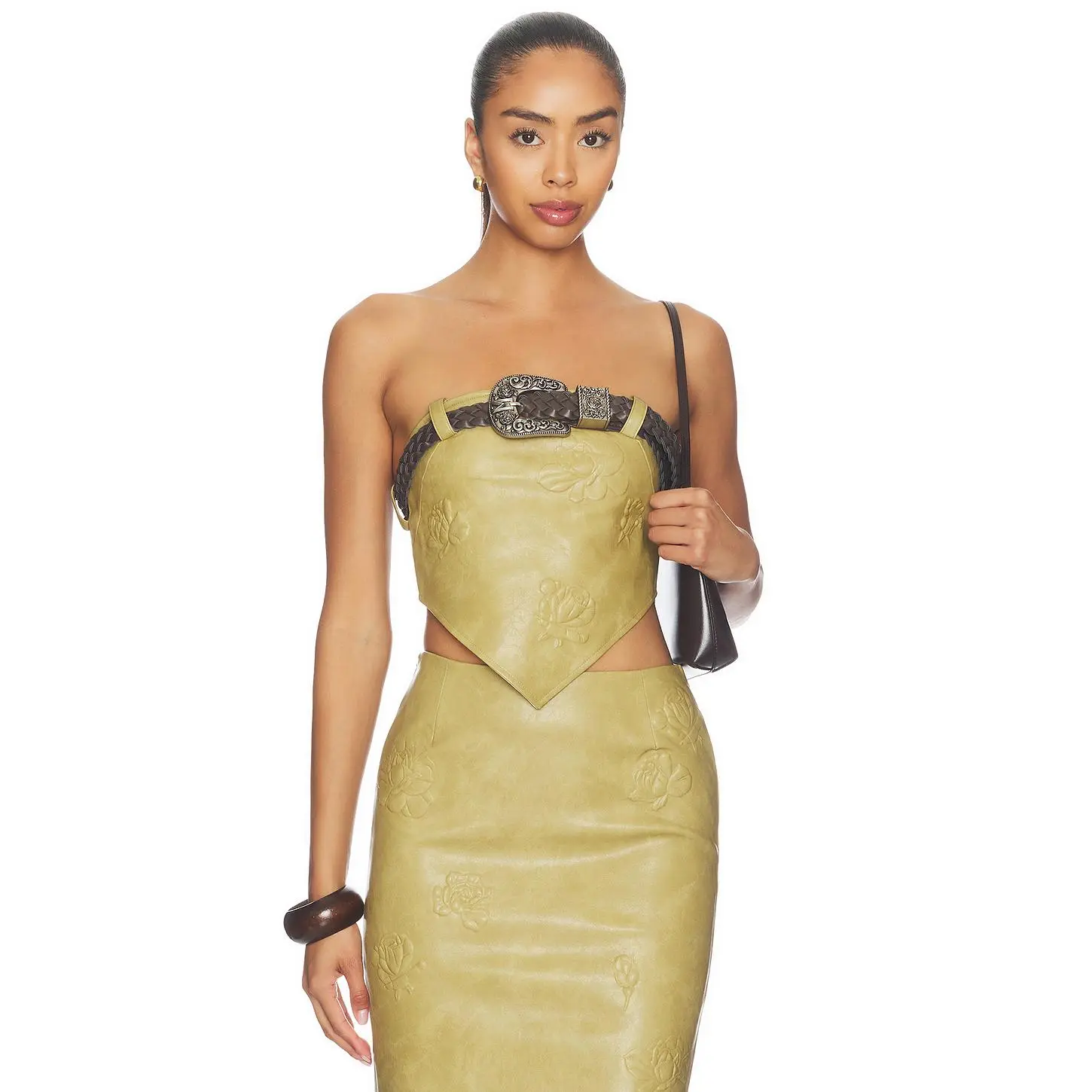 Markgong Dust Faux Leather Floral Imprinted Tube Top With Detachable Belt in Khaki