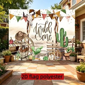 2D flat 1pc Wild West "The Wild Gone" background cloth, retro desert theme wall hanging cloth, equipped with wagon wheels, cactus, skull and gold coin elements, suitable for cowboy parties, family gathering decoration banners, polyester material, multiple