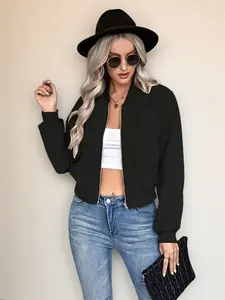 Women's Bomber Jacket Casual Long Sleeve Outerwear with Zipper Closure and Pockets, Fitted Style for Spring & Fall Daily Wear, Basic Tops, Casual Fashionable Jacket
