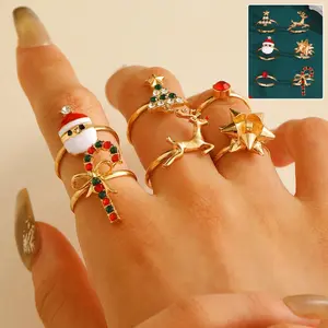 6pcs Santa Claus Christmas Tree Elk Rings Cute Cartoon Christmas Open Adjustable Ring Oil Drop Jewelry maximalist