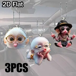 Cute Acrylic Monkey Car Mirror Hanging Ornament Set, Perfect Gift for Halloween Valentine Christmas Keychain Pendant Decorative Accessory car hanging decoration car trinkets