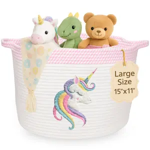 Kemina Blankets Magical Unicorn Nursery Basket Soft Felt Patch Cotton Rope 15"x11" Storage Bin for Toys Diapers Laundry & More Foldable Washable Baby-Safe Organizer Perfect for Girls' Rooms & Baby Showers Open Top Design
