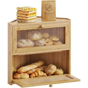 Corner Bread Box for Countertop, Layer Bamboo Bread Container with Wavy Windows, Farmhouse Large Bread Bin, Wooden Breadbox Holder for Homemade Bread (Natural)