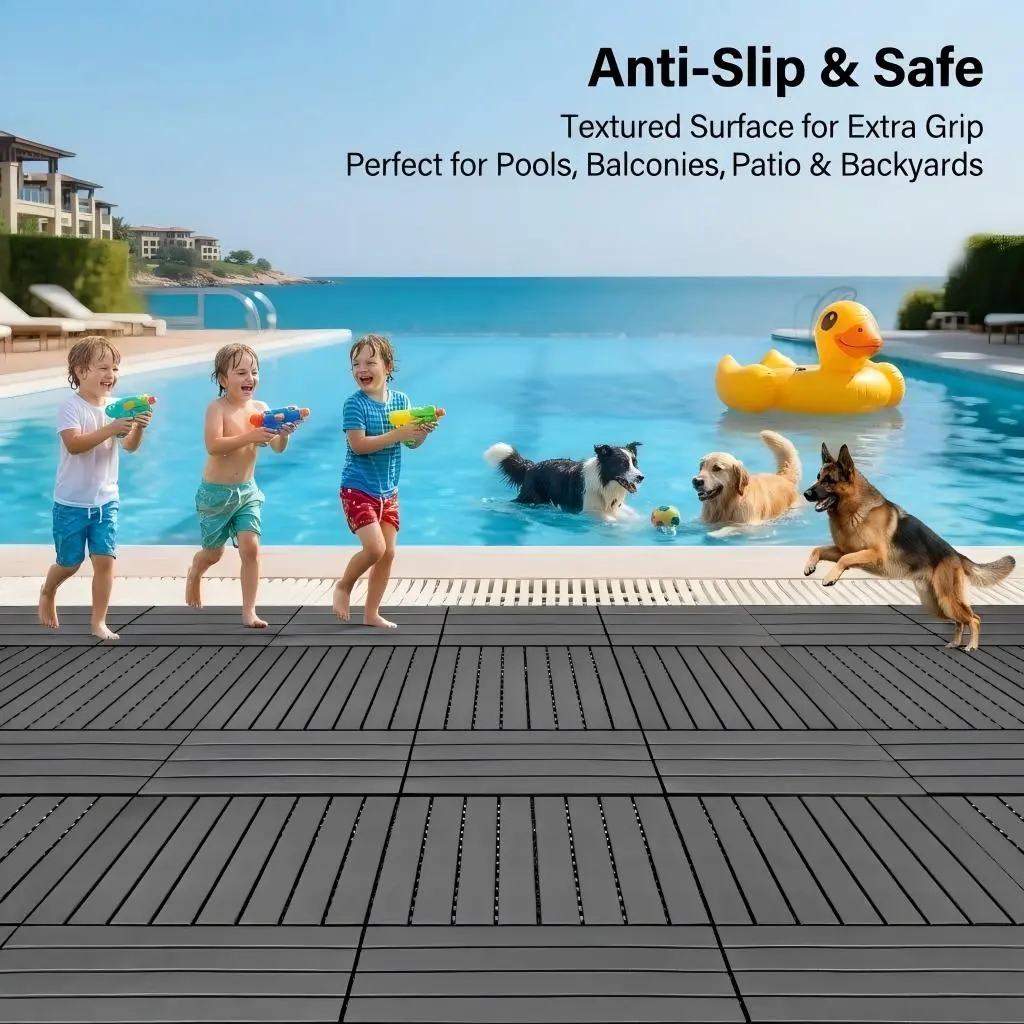 12x24 in Exterior-Grade Click-Parquet Deck Tiles, 22/24 PCS Waterproof Extra Long Patterned Panels, All-Weather Outdoor Balcony Patio Flooring, Grey, No Assembly Hassle