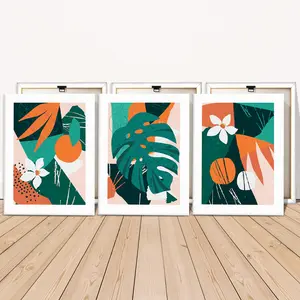 3 Counts Wooden Framed Canvas Painting, Abstract Tropical Leaf And Flower Images, Floral Abstract Design, Exquisite Poster, Perfect Living Room Decoration, Modern Art, Modern Floral Paintings, Fashion Family Poster, Wall Art Decoration, Waterproof Art
