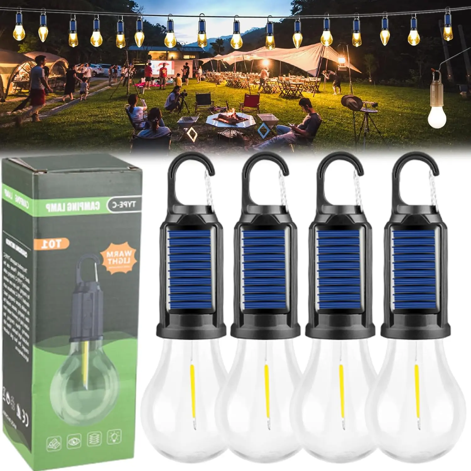 4pcs Durable Portable Solar LED Camping Tent Lights - Type-C Rechargeable Emergency Flashlight Worklight, Lightweight Waterproof Lanterns with Hooks, Multiple Lighting Modes, Outdoor Gadgets for Glamping, Hiking, Fishing, Barbecue Use