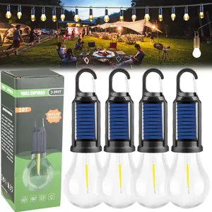 4 PCS Portable Solar LED Camping Tent Light, Type-C Rechargeable, IPX4 Waterproof Emergency Lamp with Hook for Hiking, Hurricane Survival