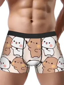 Bubu Dudu Cute Bear Panda Print Boxer Briefs Stretchy Comfort Fit Black Waistband with White Drawstring Novelty Underwear for Casual Attire Cute Underwear Playful Design Medium Elasticity Street Style Underwear
