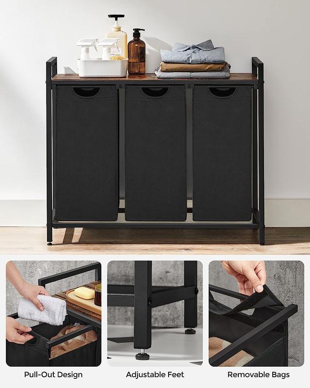 VASAGLE UBLH301B01V1 Laundry Hamper with 3 Removable Bags Metal Frame and Shelf 40L Capacity Ink Black Rustic Brown Dimensions 36.4 x 13 x 28.4 Inches Ideal for Laundry Sorting and Organization