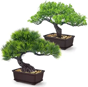 Der Rose 2Pcs Small Fake Plants Artificial Bonsai Tree Set Ficus and Cedar for Office Desk Shelf Room Home Zen Decor Indoor