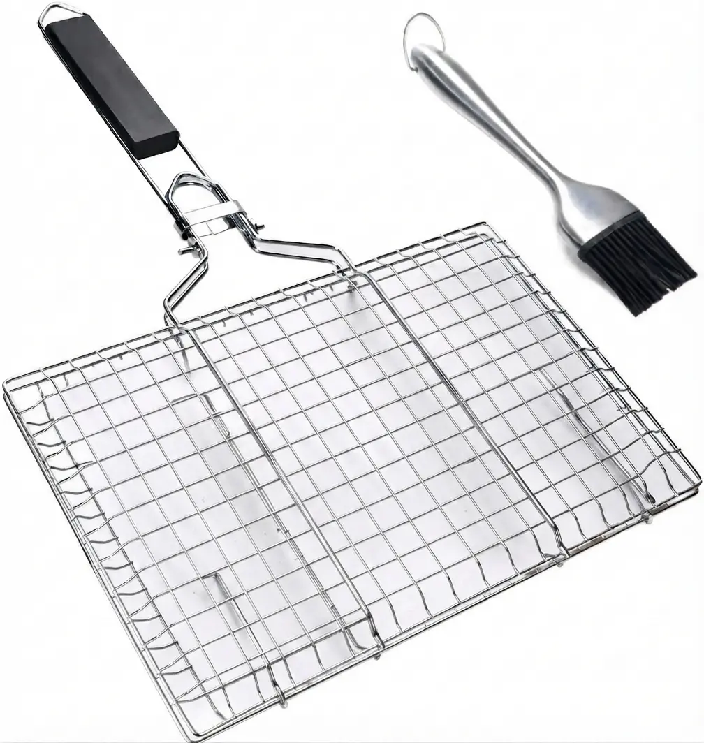 Fish Grilling Basket, Folding Portable Stainless Steel BBQ Grill Basket for Fish Vegetables Shrimp with Removable Handle, Come with Basting Brush and Storage Bag