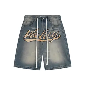 VALE Unisex Vintage Washed Rhinestone Bling Baggy Denim Jorts, Harajuku Letter Embroidery, Distressed Knee-Length, Y2K Hip Hop Streetwear, Loose Sparkly Summer Sports & Outdoor Shorts thermal