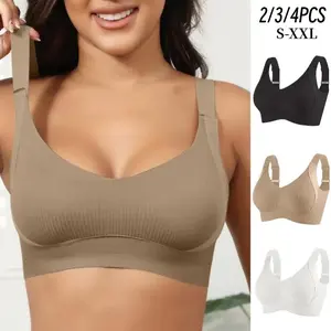 EssElegance 2/3/4PCS  Ribbed Push-Up Seamless Bra Set Soft Comfortable - Solid Four-breasted Adjustable Straps & Wire-Free Support for Daily Wear, Ultra-Soft Breathable Fabric,Bralette for women Full Coverage