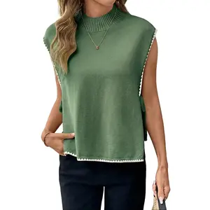 Shewin 2026 Spring/Summer Women's Casual Sleeveless Knit Vest - Solid Beige High Neck Loose Fit Top with Contrast Scalloped Trim and Side Tie Detail for Daily Wear