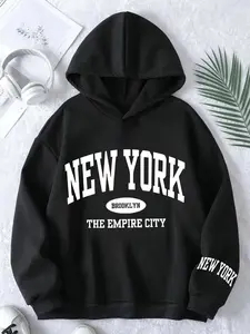 Women's Oversized New York City Graphic Hooded Sweatshirt - Brooklyn & Manhattan Print Pullover, Machine Washable Winter Warmth, Casual Urban Streetwear with White Lettering (Black) for Everyday Layering & NYC-Themed Outfits, Cozy Clothing, Trendy Pullov