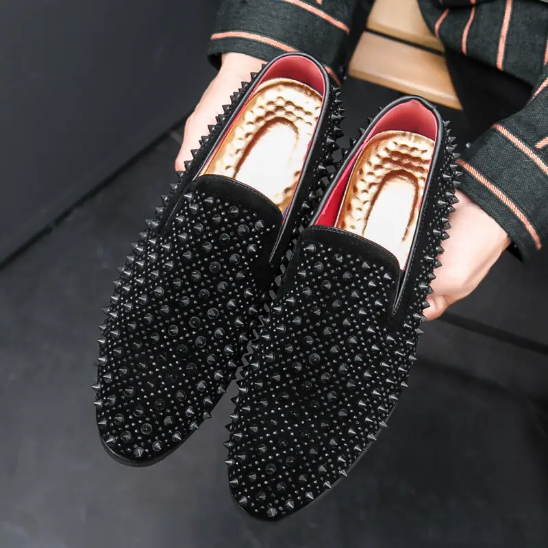 Men’s Slip-On Studded Leather Loafers - British Designer Luxurious Formal Shoes, Rubber Sole, Unlined Inner, All Season for Weddings, Parties, Slip-On Loafer