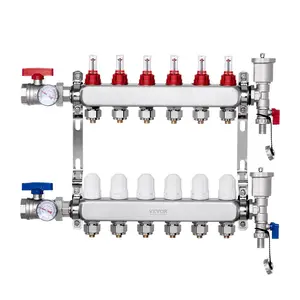 VEVOR 6-Branch Radiant Heat Manifold, 1/2" PEX Tubing Manifold, Stainless Steel PEX Manifold for Hydronic Radiant Floor Heating, Radiant Heat PEX Manifold Kit with 1/2" Adapters Included
