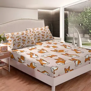 Feelyou Corgi Themed Bedding Set - Cute Microfibre Bed Sheets Set, Decorative Animal-Print Fitted Sheet, Luxury Twin/Full Size Bed Cover, Decorative Bedsheet Sets