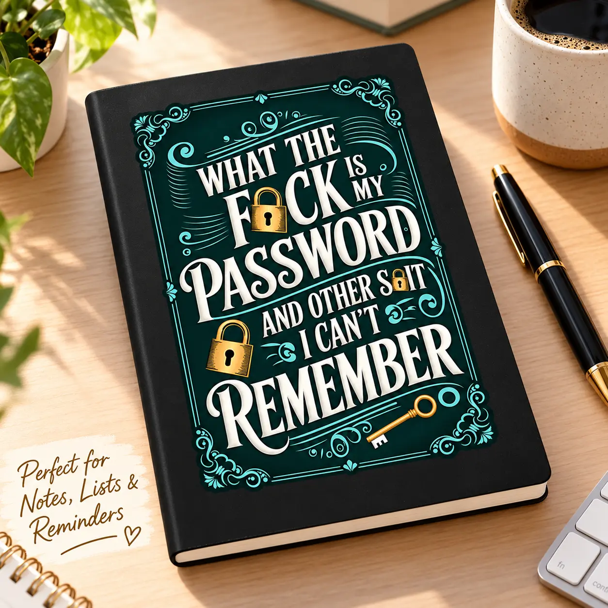 Funny Password Reminder Notebook, A5 Black Hardcover Journal, 360 Pages, Sarcastic Office Humor Gift for Coworkers and Adults