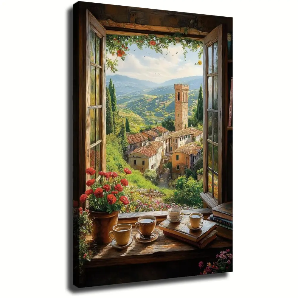 Tuscany Italy Window View Canvas Wall Art Vintage Italian Town Landscape Decor