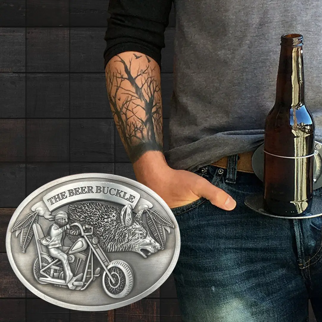 Novelty Zinc Alloy Belt Buckle, Hands-Free Drink and Beer Bottle Holder for Belts with a Secure Hold, Fun Party Fashion Accessory