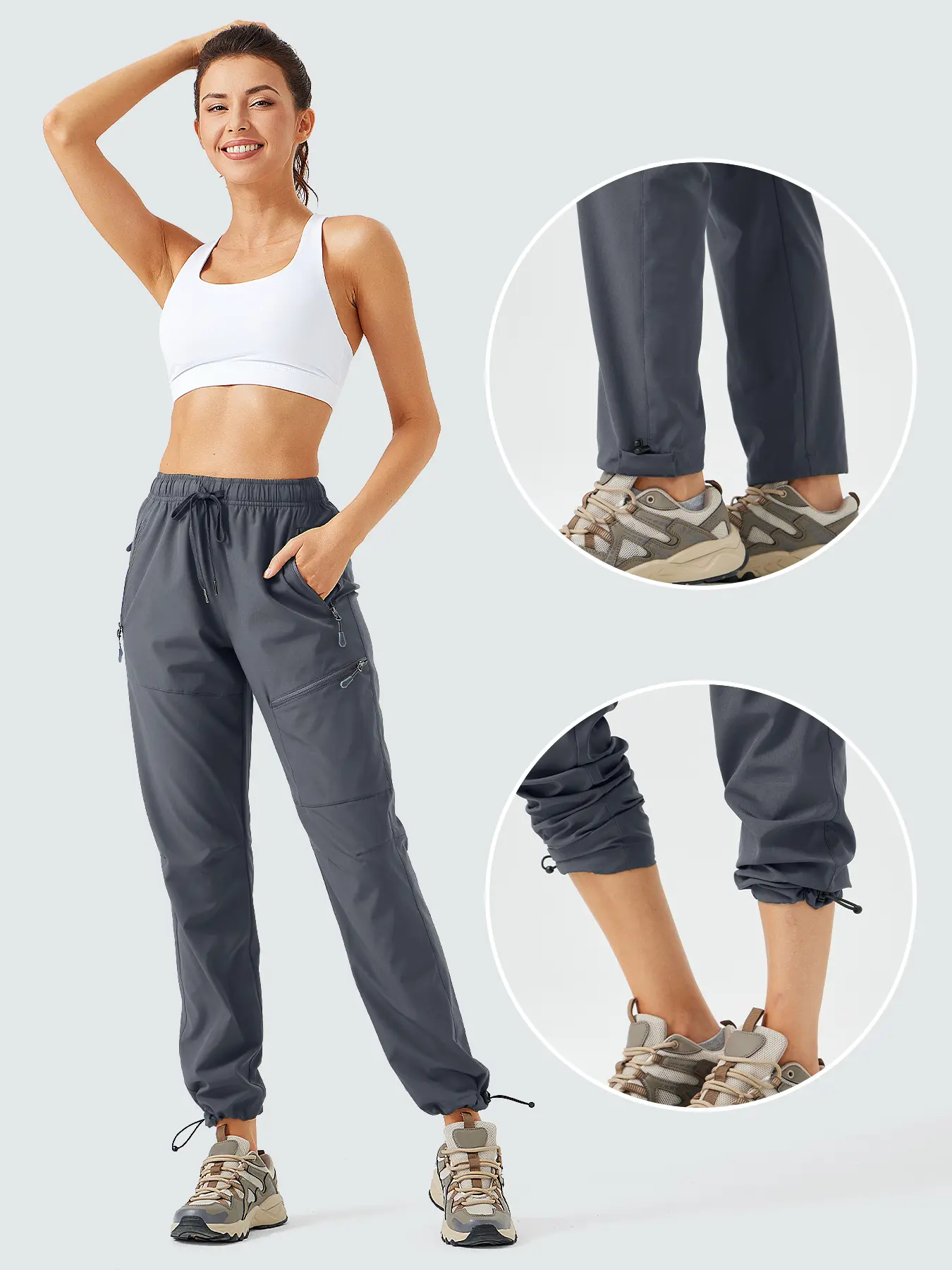 Women's High Elastic Drawstring Waist Full Length Hiking Jogger Pants - Female Cut, Zip Pocket, Quick Dry Lightweight Polyester Cargo Trousers for Outdoor Travel