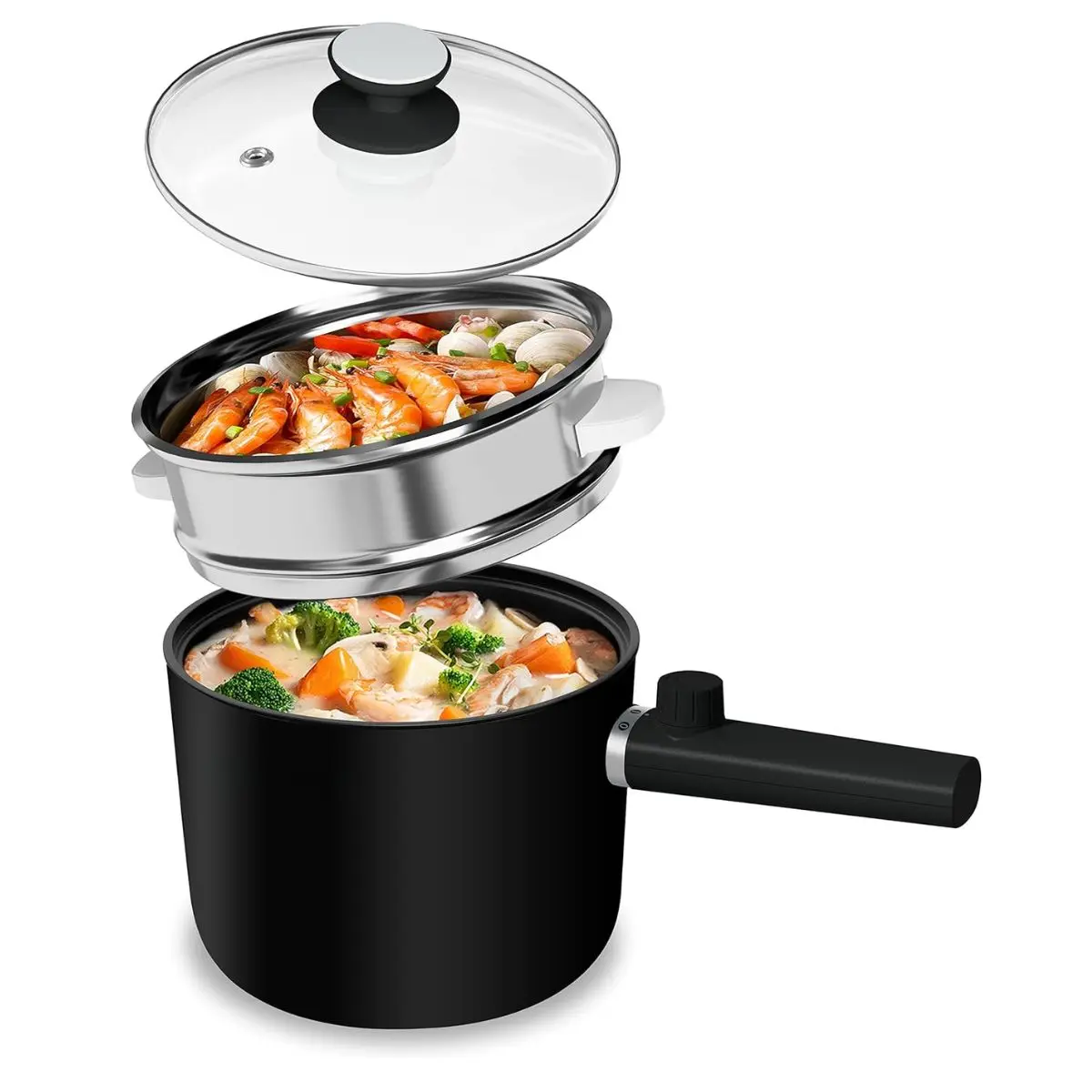 Electric Hot Pot - 1.5L BPA-Free Portable Non-Stick Cooker with Dual Power Control, Over-Heating & Boil Dry Protection, for Ramen, Pasta, Black