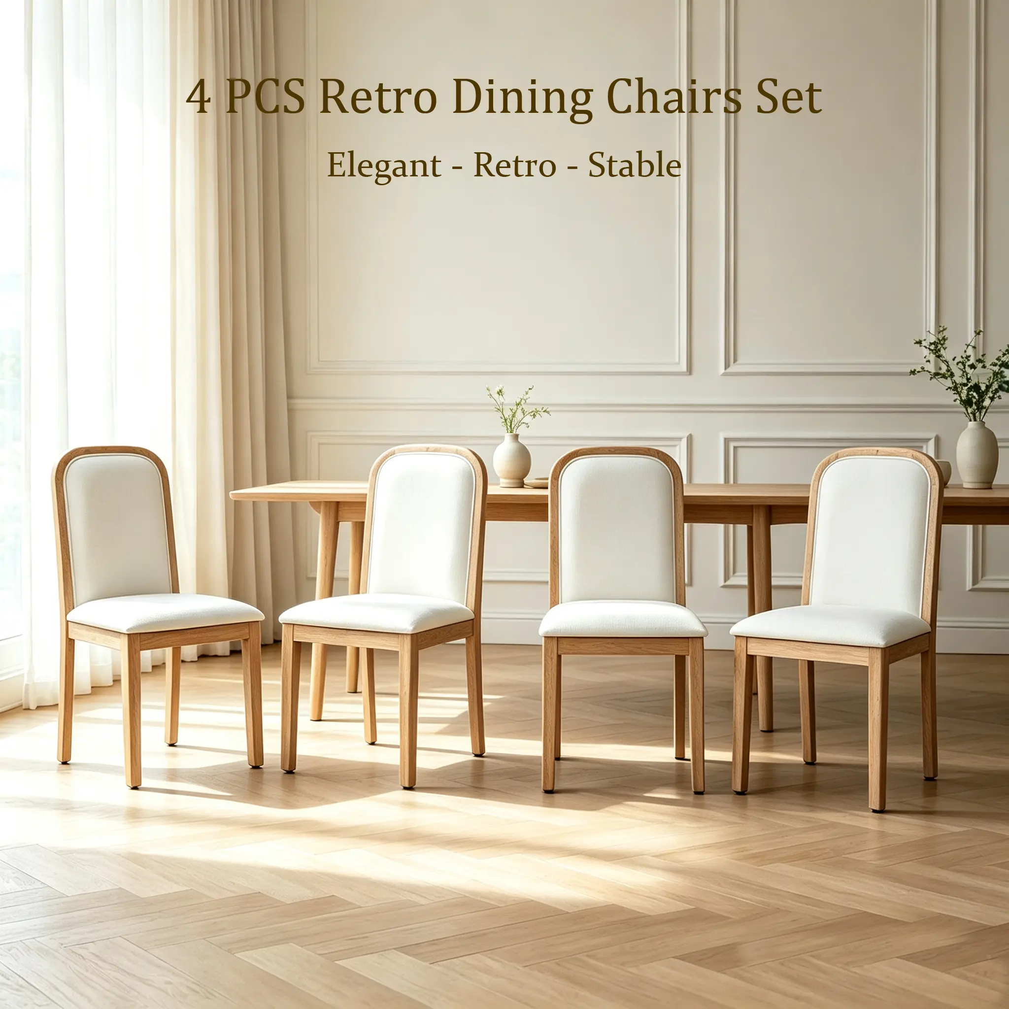 4PCS Retro Armless Dining Chairs Set - Solid Wood Frame Mid-Century Kitchen Seating with Comfortable Linen Upholstered Thick Cushion, Slim Silhouette Sturdy Indoor Furniture for Living Room, Natural Wood Finish, 300 lbs Max Weight Capacity curve backrest