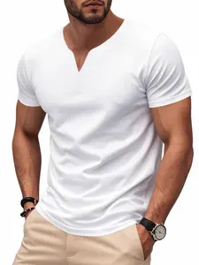 Men's Solid Color V Neck Tee, Regular Fit Casual Fashion Minimalist Quick-dry Skin-friendly Short Sleeve Plain T-shirt for Summer, Men's Top for Daily Wear, Tropical, Menswear