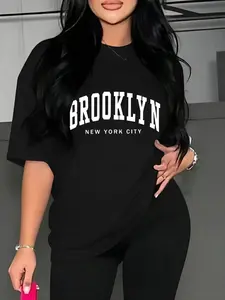 Women's Loose Casual T-Shirt with Brooklyn Letter Print, Soft Breathable Short Sleeve Top for Summer Fashion, Perfect for Daily Wear Womenswear