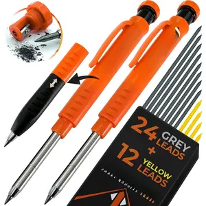 2 Carpenter Pencils Set for Construction - Incl. 38 Leads + Sharpener + Finger Grip - Solid Mechanical Pencils with Fine Point/ Marking tools Construction/Carpenters/Scriber