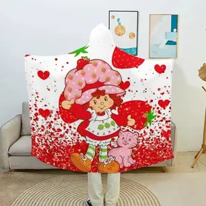 Vintage Strawberry Doll Cat Hooded Flannel Blanket, Wearable Plush Hoodie, Ultra Soft Comfort Warm, Perfect for Home Leisure, TV, Reading, Gaming, Travel, Office Study, Nap, Ideal Gift