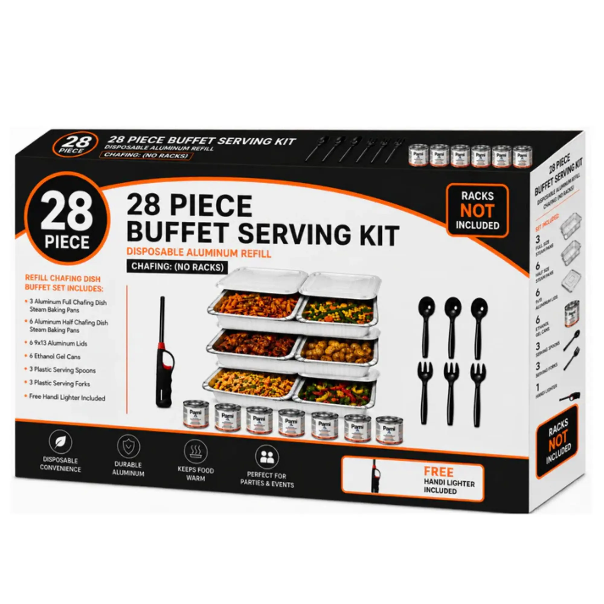 VeZee 28-Piece Buffet Serving Kit with Disposable Aluminum Chafing Dishes, 6 Steam Pans, 6 Fuel Cans, Serving Utensils & Hand Lighter, Catering Food Warmer Set for Parties, Weddings & Events