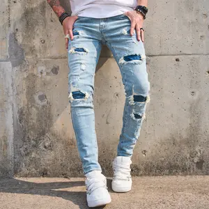 Men's Jeans Trousers Street Stylish Holes Patch Men Skinny Pencil Denim Pants Male Ripped Solid Slim Jeans Trousers