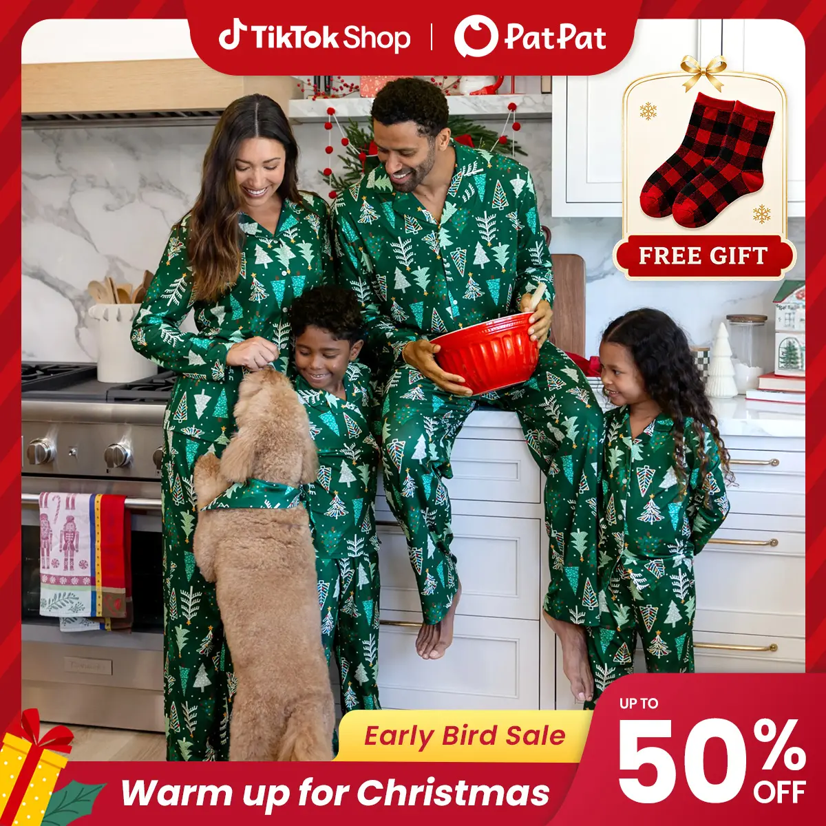 Early Bird | PatPat Mommy & Me Family Matching Christmas Pajamas with Socks Gift, Classic Button-Down Christmas Tree Allover Print Elastic Waist Set