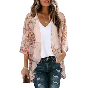 Women's Floral Print Puff Sleeve Kimono Cardigan Loose Cover Up Casual Blouse Tops 2026Gift