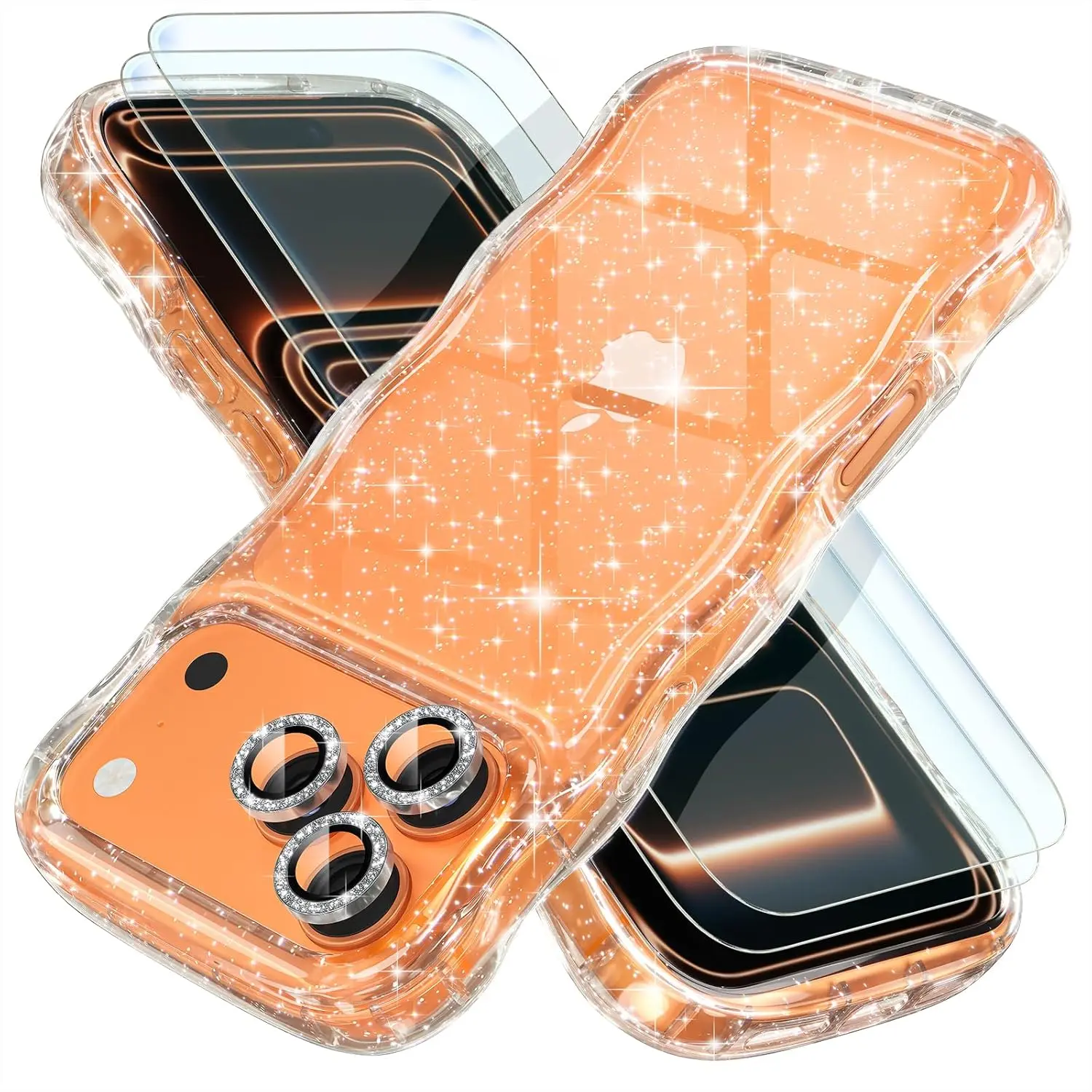 Choiche Compatible iPhone 17 Pro Max Case - Women's Cute Sparkly 6.9" Glitter Cover with Curly Wavy Frame, 3 Diamond Camera Lens Protectors, 2 Tempered Glass Screen Protectors for Smartphone, Cellphone, Handheld Devices Accessories, Casing, Shockproof, Co