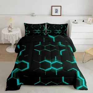 Teal and Black Print Comforter Set,Hexagonal Bedding Set,Honeycomb Decor Comforter,Beehive Geometric Bedroom Home Decor Quilt Set