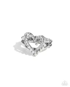 Just a Crush - White Pearl Rhinestone Heart Silver Ring - Paparazzi
