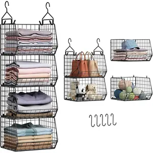 4 Tier Closet Hanging Organizer, Closet Organizers and Storage with 5 S Hooks, Hanging Closet Shelves & Freestanding Wire Storage Basket Bins for Clothing Shoes Handbags Clutches Accessories