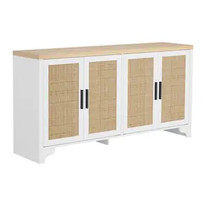 Modern Rattan Sideboard Buffet Cabinet Large 61.4 Inch Wood Kitchen Storage Cupboard Cream Credenza Accent Console Table Top For Microwave Coffee Bar Station Media Center TV Stand For Living Room Dining Room Entryway Hallway Light Oak White Black