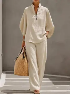 Women's Elegant Two-Piece Set, Half-Zip Stand Collar Batwing Sleeve Top and Wide Leg Pants, Casual Summer Vacation Linen Style