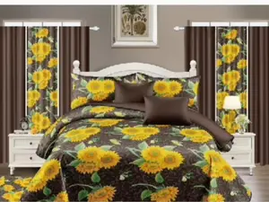 Sunflower Cotton Touch King Quilt & Curtain Set - 12PCS Luxury Bedding with Floral Design for Modern Home Decor